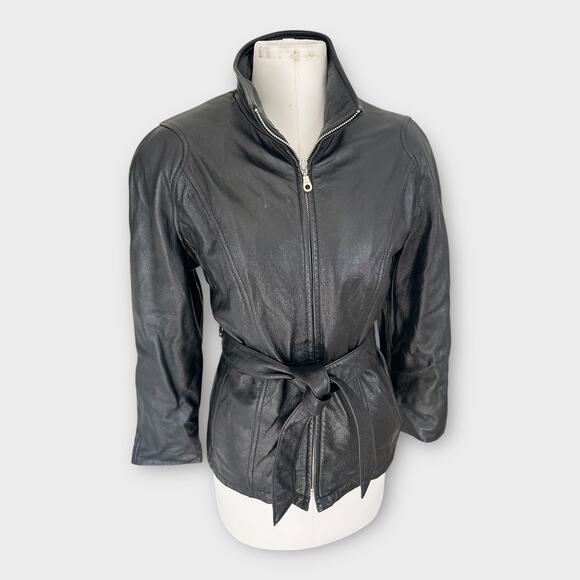 Vintage Wilsons Belted Leather Jacket Black Tie Waist Women's size Medium Edgy - Picture 7 of 14